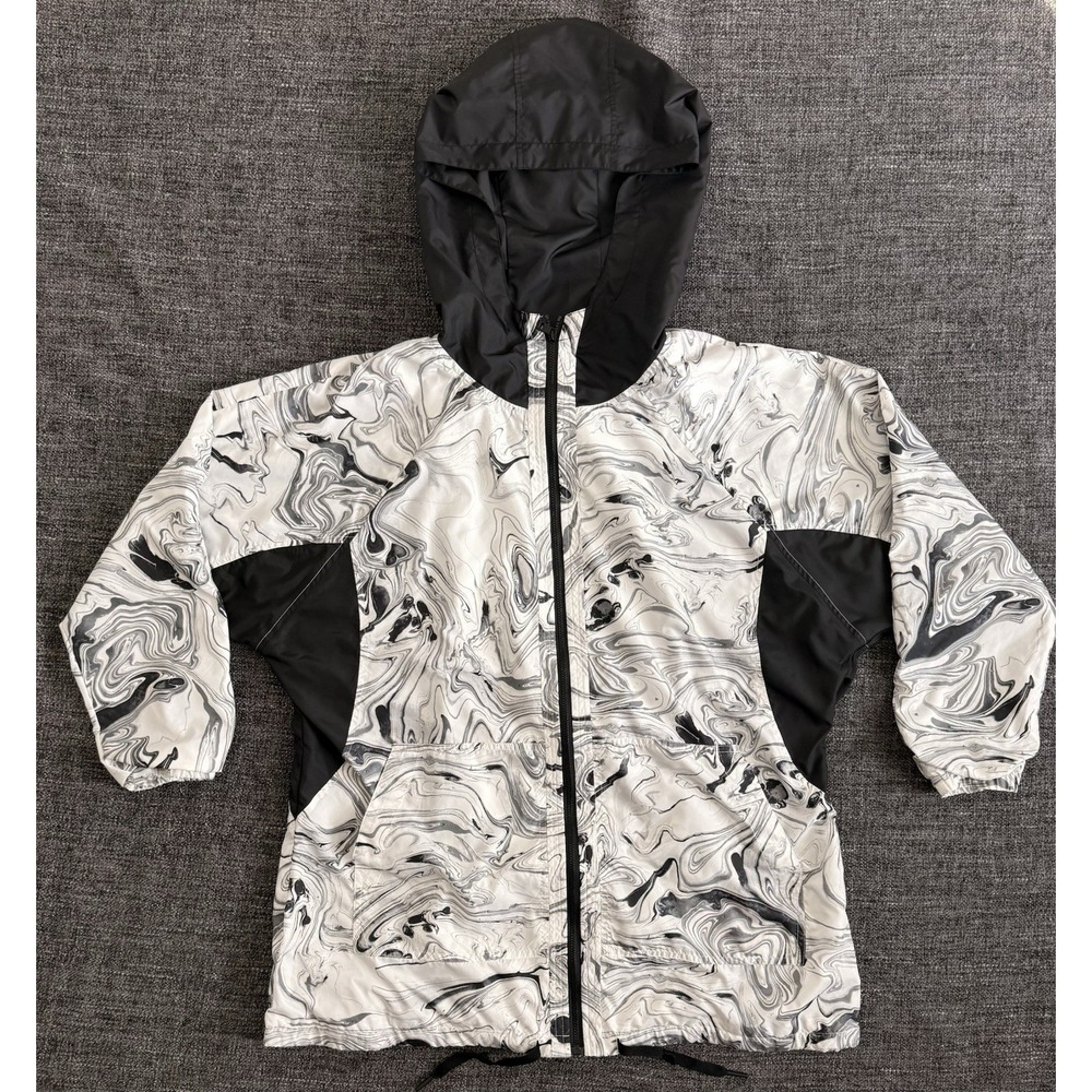 DKNY Windbreaker Jacket Mens M Black White Marble Hooded Lightweight Zip
